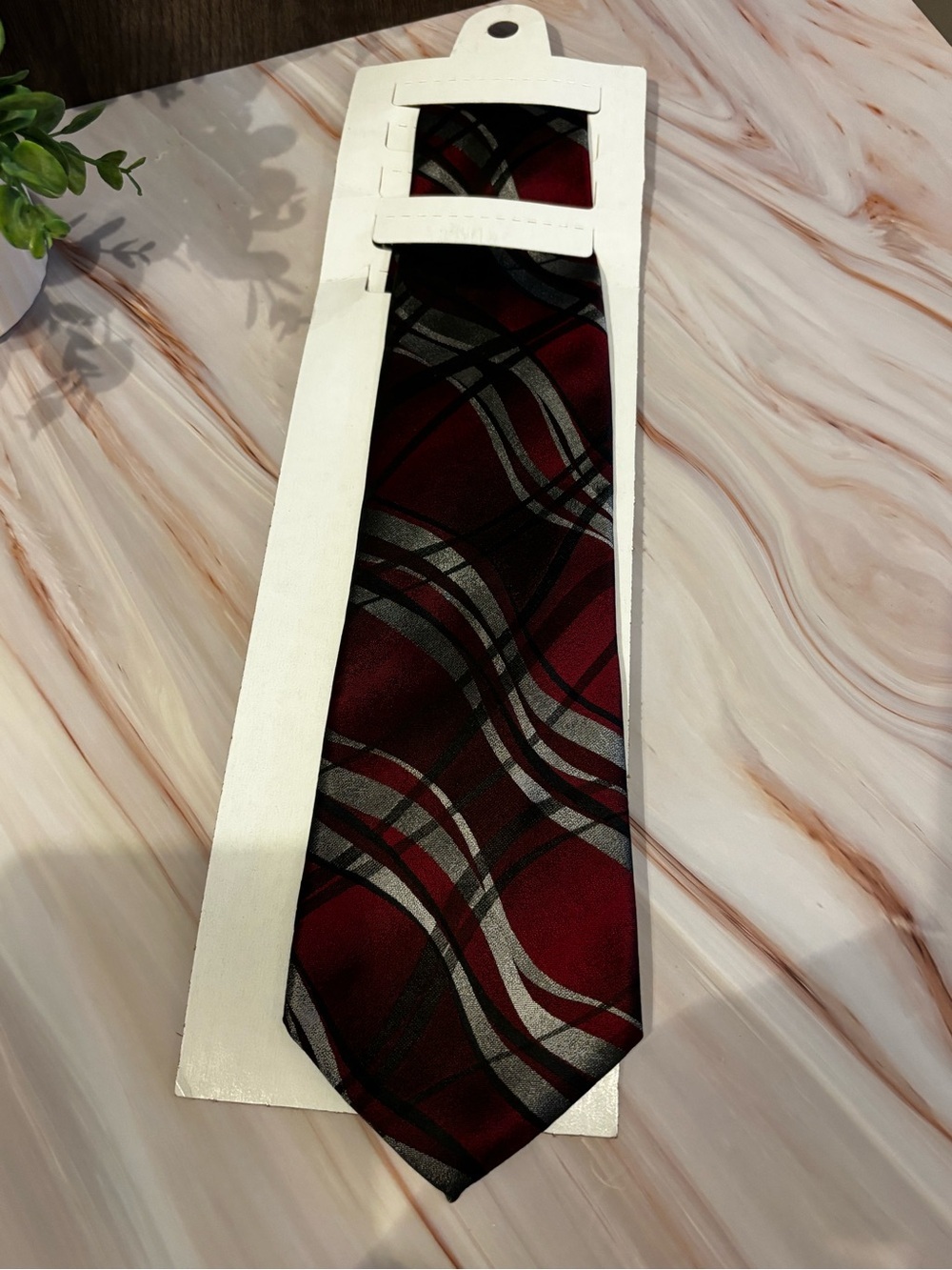 Pierre Cardin Maroon Tie with Silver and Black Wave Pattern